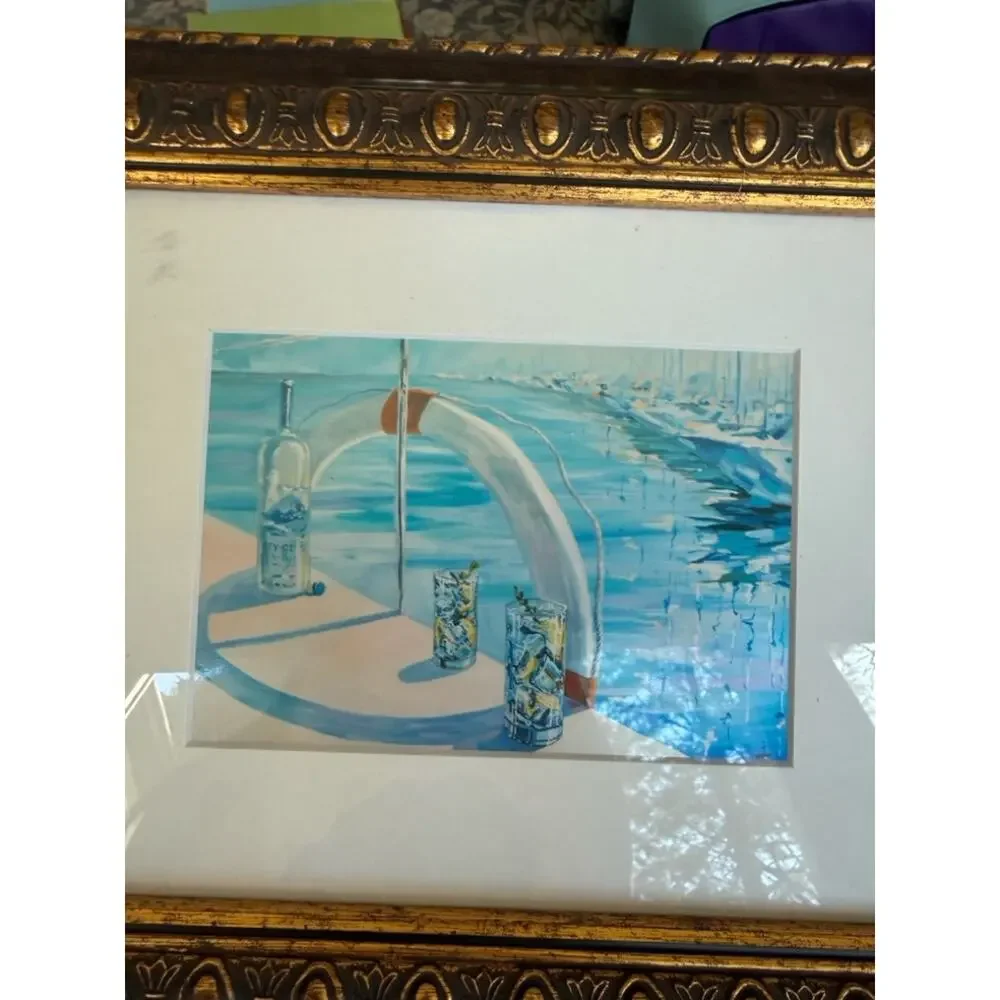 Framed Coastal Art Print Signed Emil Hristov – Gold Ornate Frame Nautical Decor